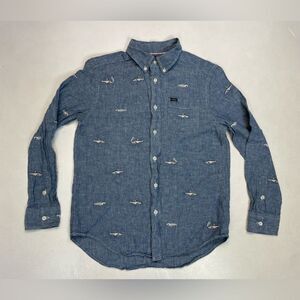 Polo Ralph Lauren Embroidered Fish Chambray Linen Blend Shirt Boys 10-12 Medium
